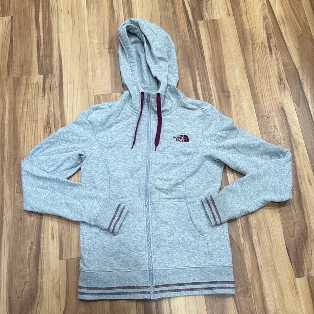 The North Face Hooded Jacket, Sweatshirt, Gray, Maroon, Pockets, Size S